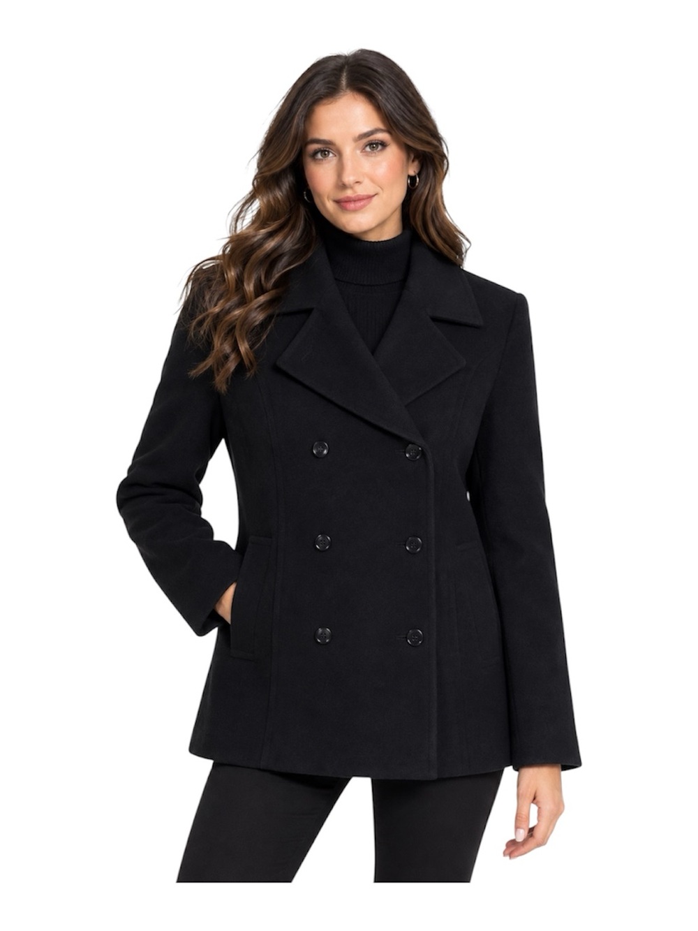 Alfani Pea Coat Black Wool Blend Women Sz M Double Breasted Jacket Dark Academia